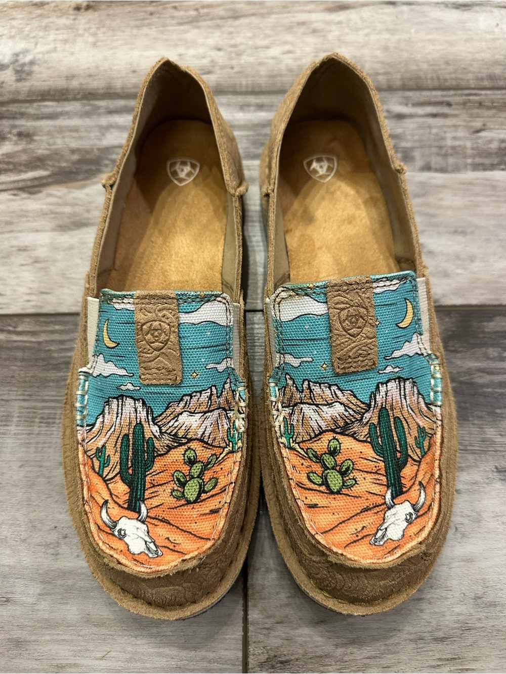 Ariat Tan Slip-On Loafers with Turquoise Desert Print